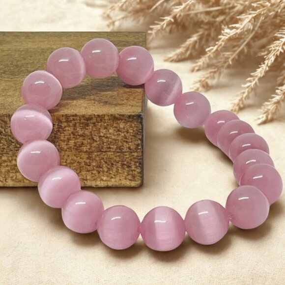 Pink Cat's Eye Gemstone Beaded Bracelet - 10mm Stretchy Crystal Jewelry - Picture 3 of 9
